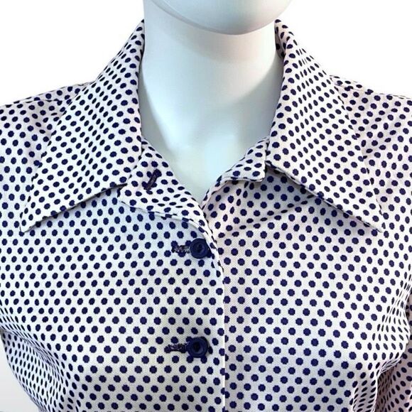 70’s Vintage White & Navy Dot Polyester Button Down Long Sleeve Shirt Top XL 16 - Picture 5 of 8